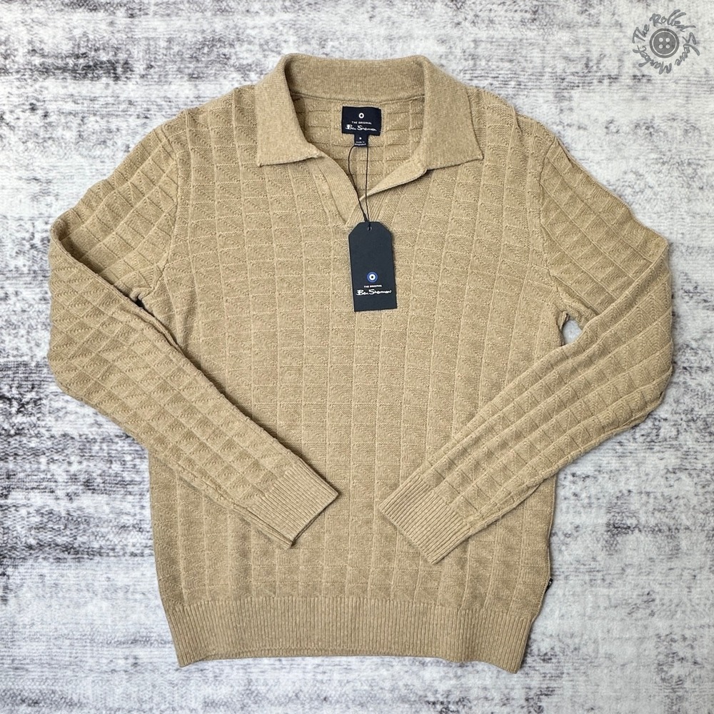 NWT Ben Sherman Open Polo‎ Collar Knit Sweater Men's Small Camel Tan BS35SR214